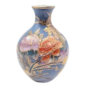 Tri Ever Hand Painted Porcelain Bud Vase Blue Floral Gold Gilt Small 5 Inch N3